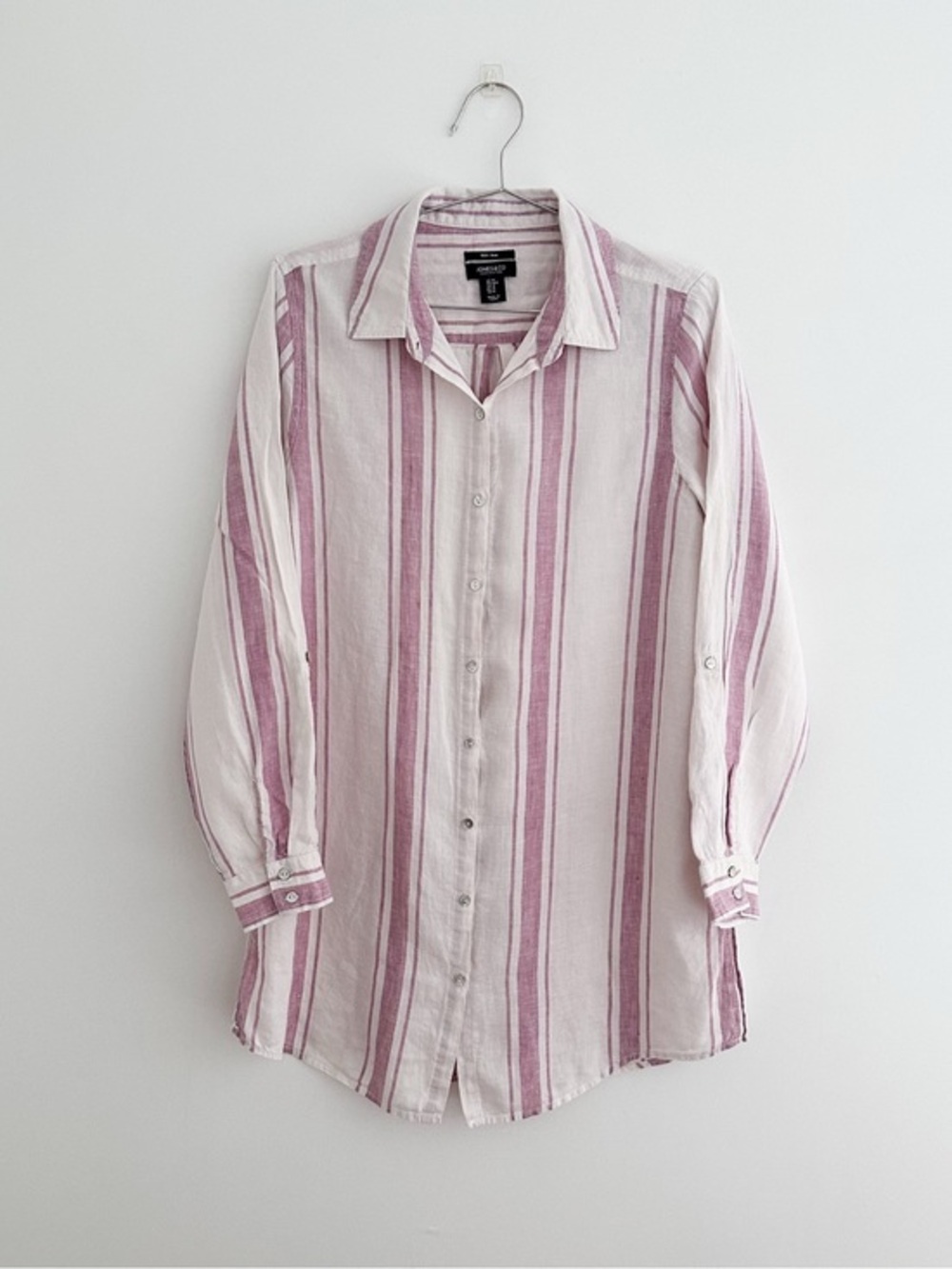 Jones New York 100% Linen Striped Tunic Shirt Rose & White Striped Button Down M